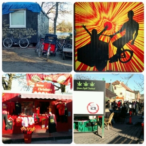 Picture 1: handmade houses, Picture 2: Christiania bikes, Picture 3: souvenir shops just before Pusher Street with their flag, Picture 4: Green Light District, the entrance or exit into Pusher street, prohibited no-photo zone.